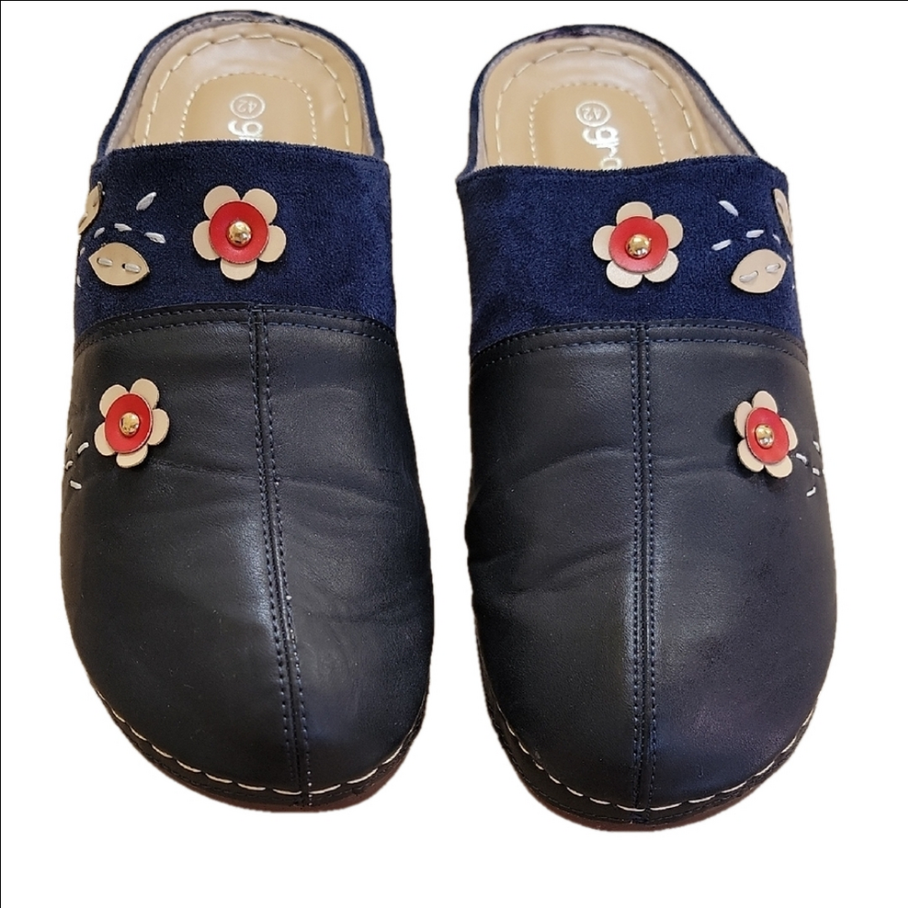 Gracosy Women's Navy and Black Floral Mules Euro Size 42 (~US Size 9) NWOT